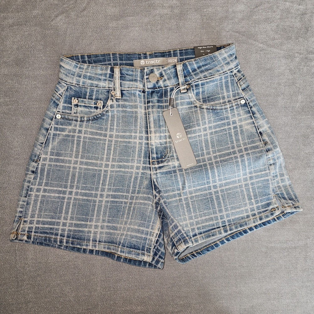 Tractr Women's Jean Shorts Size 00 Check Pattern High Rise Slim Fit NWT